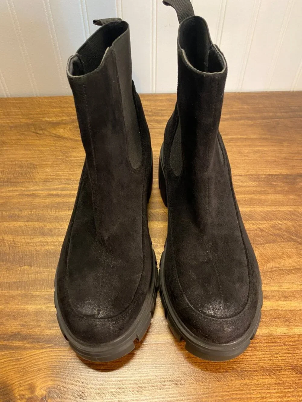 Pierre Dumas - Black Suede Chelsea Lug Sole Chunky Ankle Boots - Size 6.5